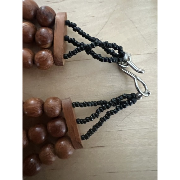 Handmade Floral Inlay Beaded Wood Statement Necklace Glass Beads Boho 21" - Picture 4 of 5